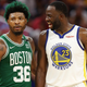 Draymond Green talks to the Celtics’ Marcus Smart during the third quarter in Game Two of the 2022 NBA Finals at Chase Center on June 05, 2022 in San Francisco, California.